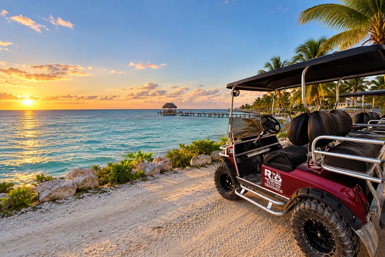Burgundy Rio golf cart with black seats and silver rails against an edited sunset background