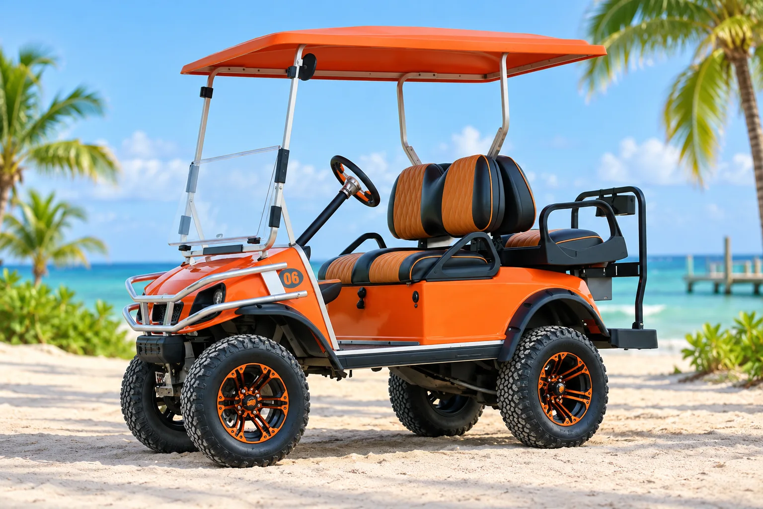 Orange four-seat Rio golf cart, AI-enhanced from the original cart reference