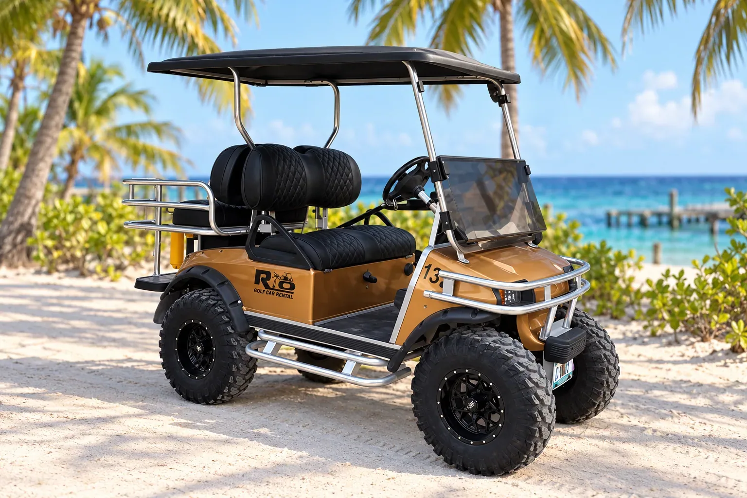 Gold Rio golf cart with black seats and silver rails against an edited coastal background