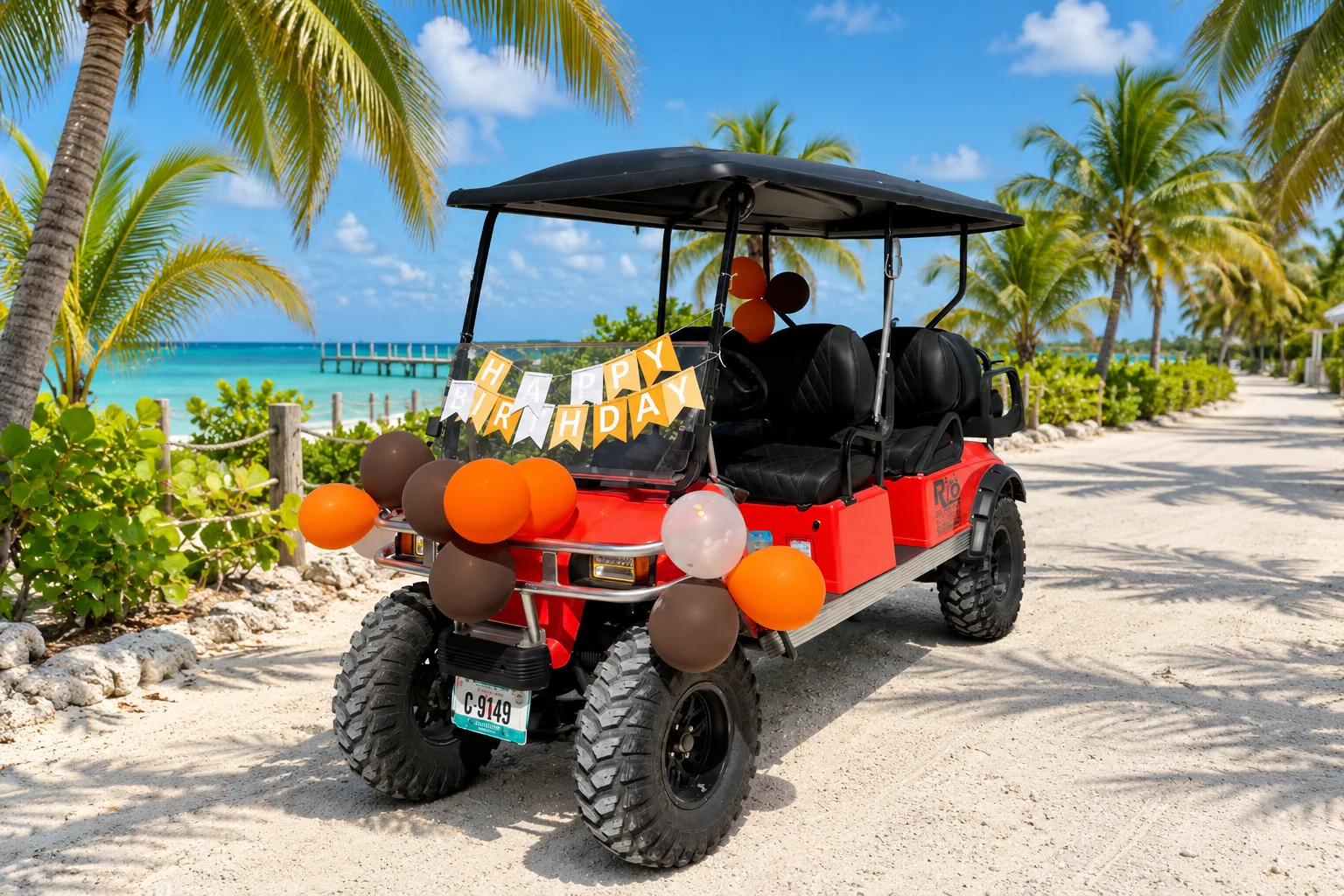 Red six-seat Rio golf cart with black seats, birthday bunting and balloons against an edited island background