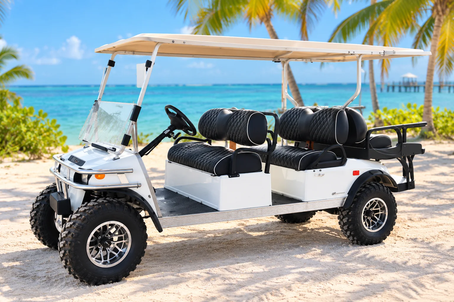 Long white six-seat Rio golf cart, AI-enhanced from the original cart reference