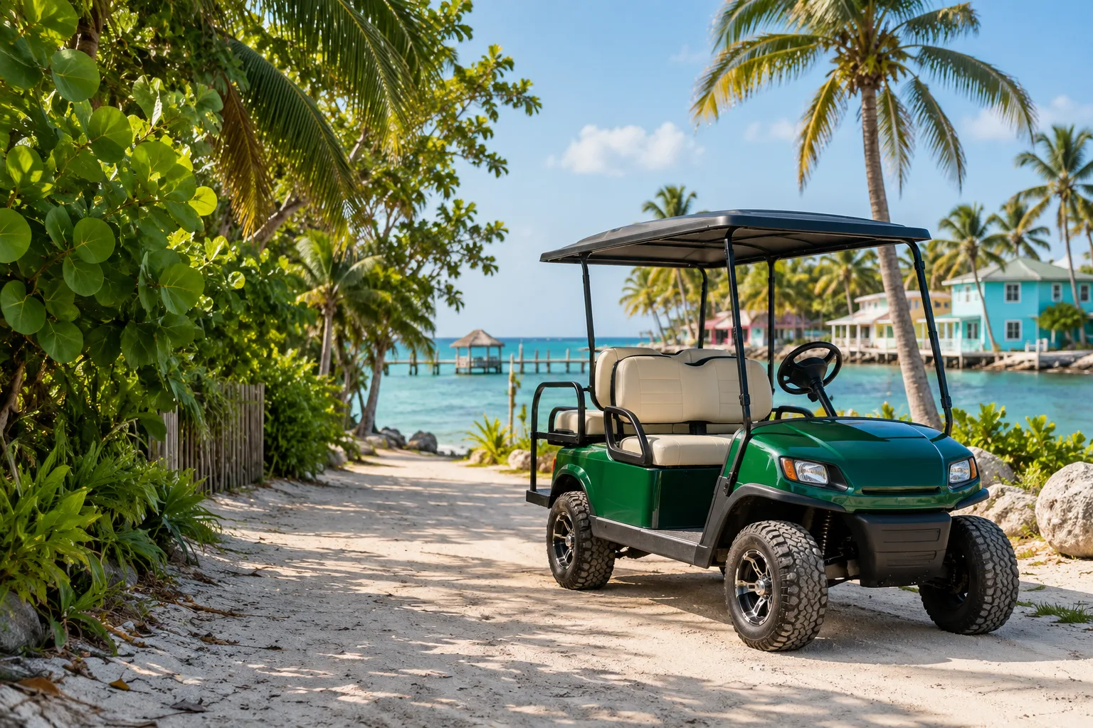 AI illustration of a golf cart beside a sandy coastal lane inspired by San Pedro, Belize
