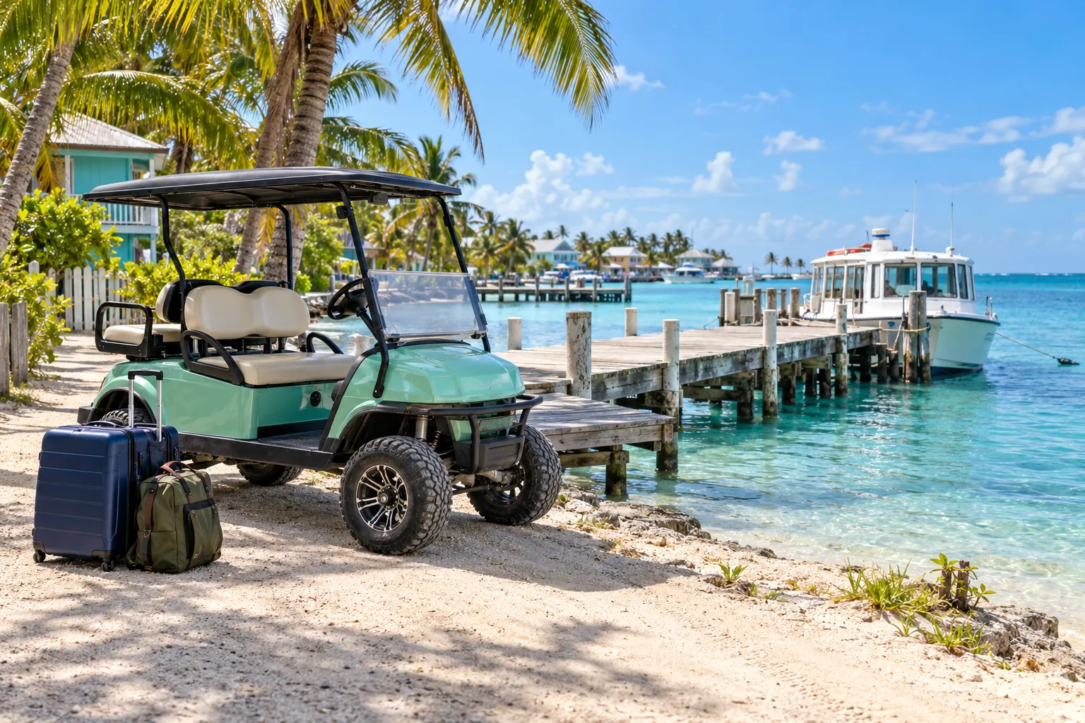 AI illustration of a golf cart, luggage and a passenger pier inspired by an Ambergris Caye arrival